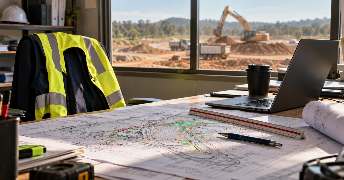 An estimator's desk in a site office with printed civil plans, a scale ruler and a laptop, and an earthworks site through the window.