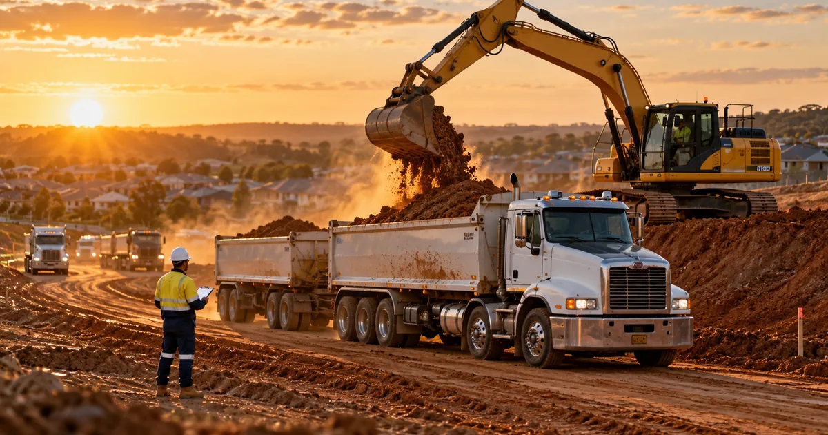 An excavator loading clay into a truck and dog trailer on a suburban subdivision at sunset while a supervisor watches.