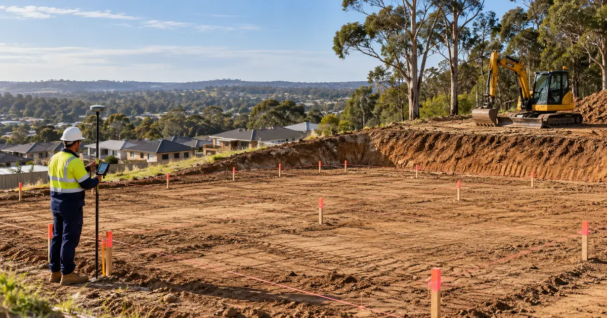 A building pad being cut into a sloping block, with a grid of pegs and string lines and a surveyor holding a GPS pole.