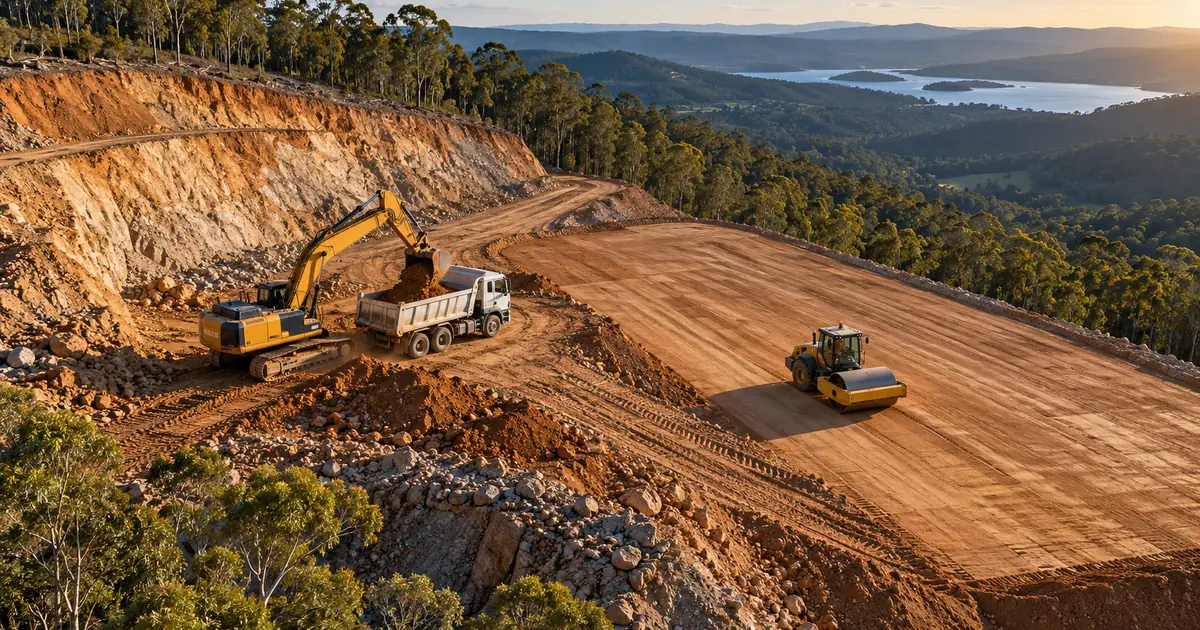 Aerial view of a hillside earthworks site with a cut face on the high side, a compacted fill platform on the low side and an excavator loading a truck between them.