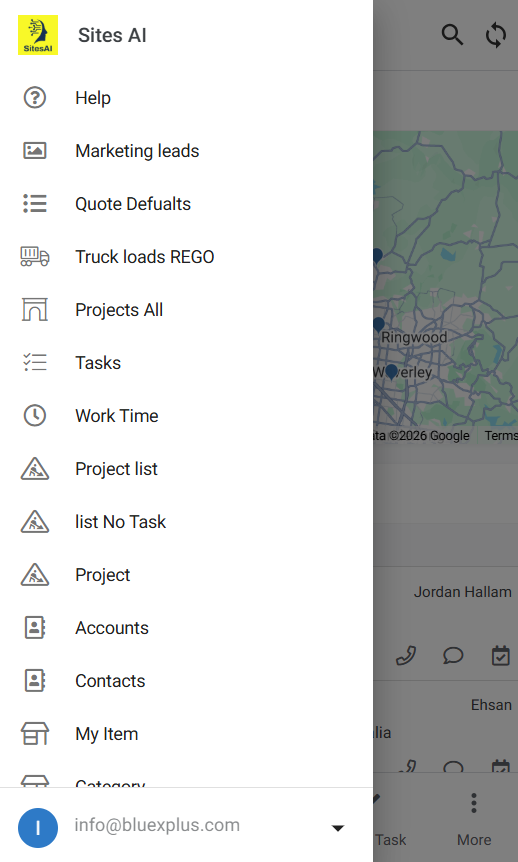 SitesAI app — menu of worksite tools: projects, tasks, work time and more