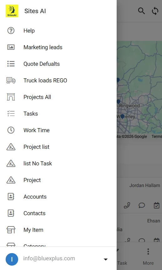 SitesAI app — menu of worksite tools: projects, tasks, work time and more