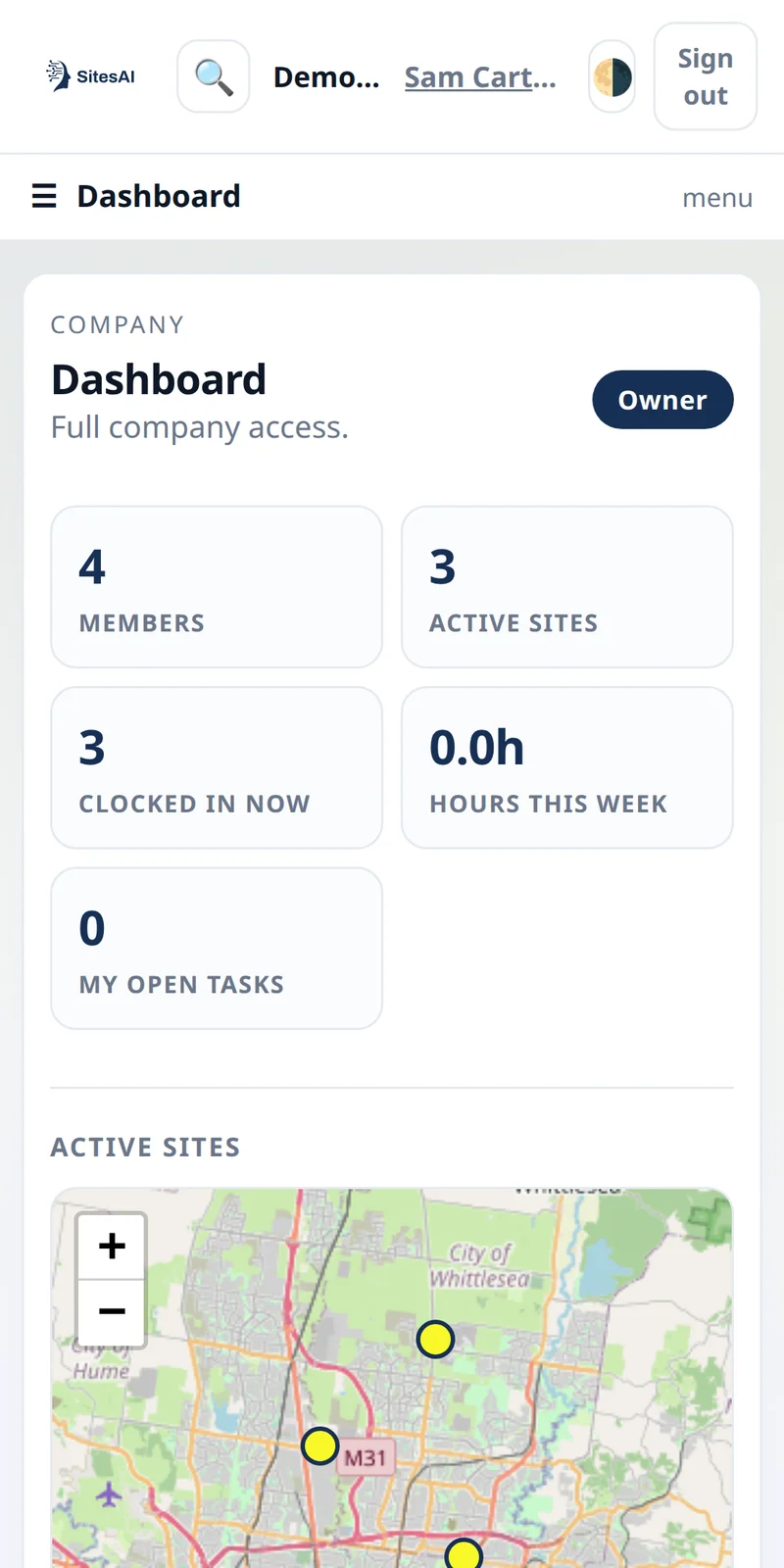 SitesAI App: demo dashboard on a phone