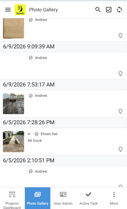 SitesAI app — geotagged site photo gallery with dates and names