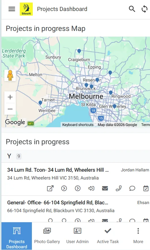 SitesAI app — projects dashboard with site map