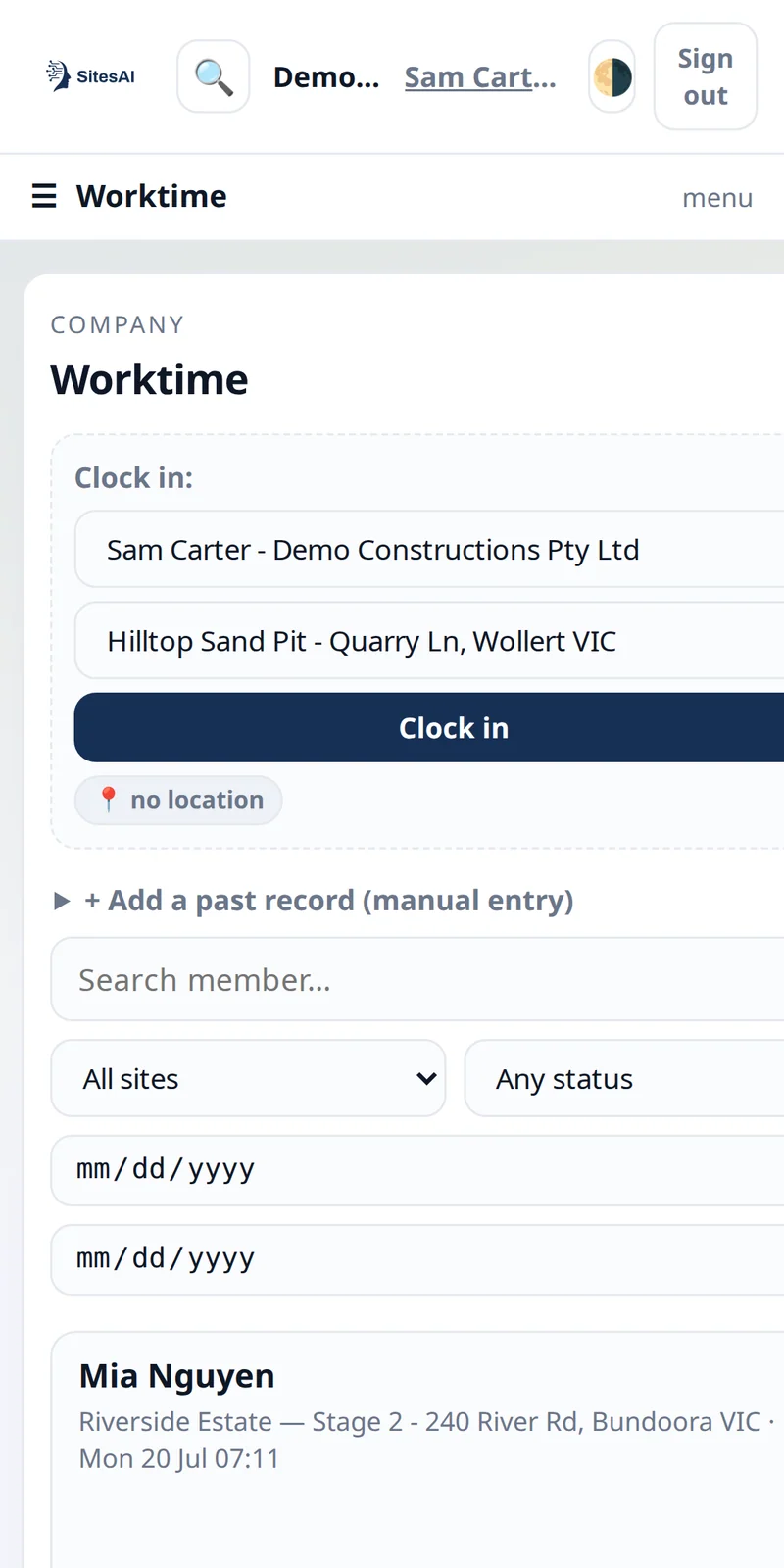 SitesAI App: demo worktime screen with site selection and clock-in