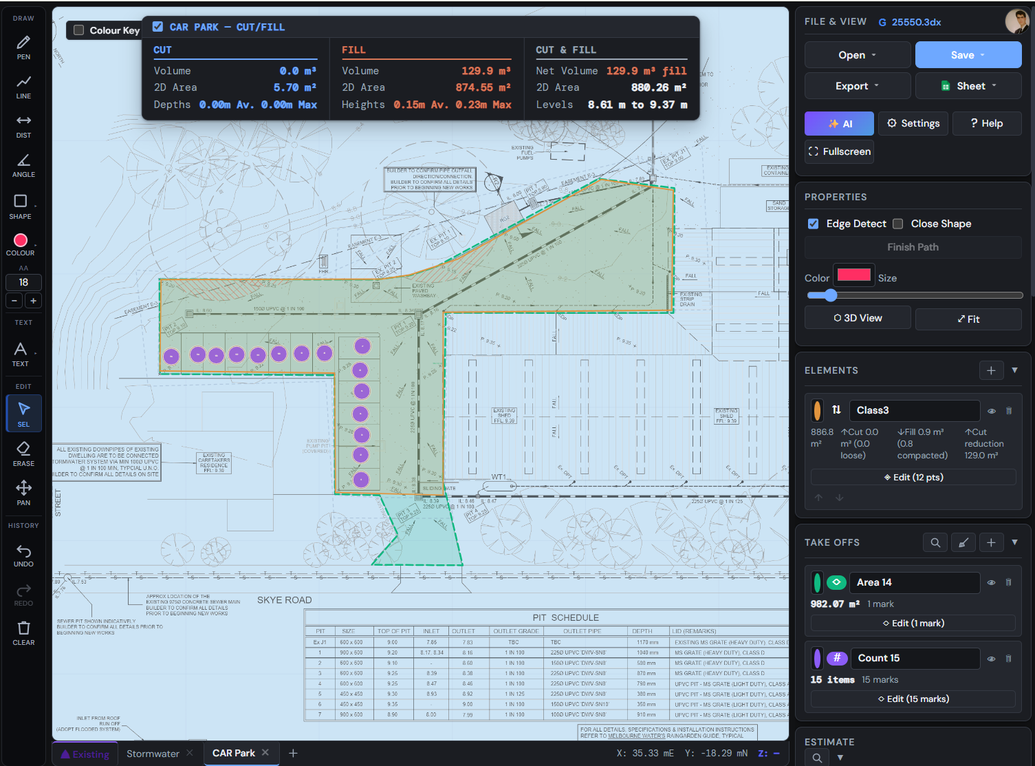 SitesAI Estimate — live cut and fill from a PDF plan