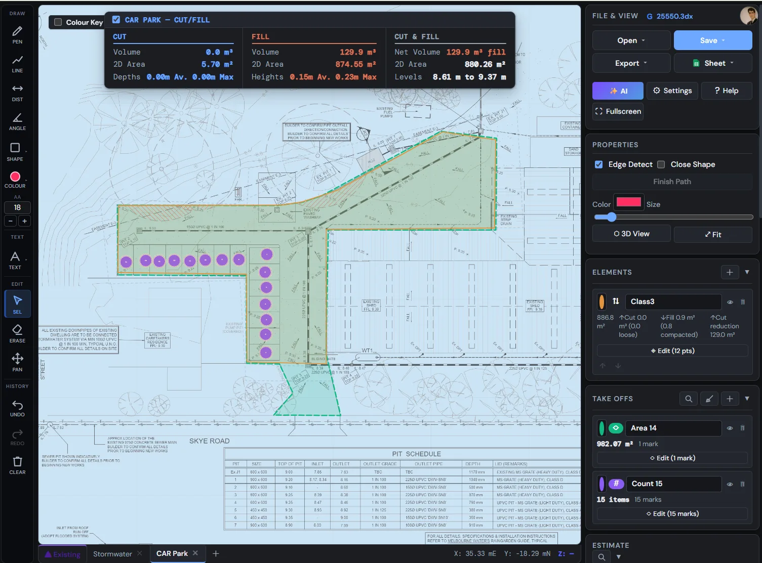 SitesAI Estimate — live cut and fill from a PDF plan