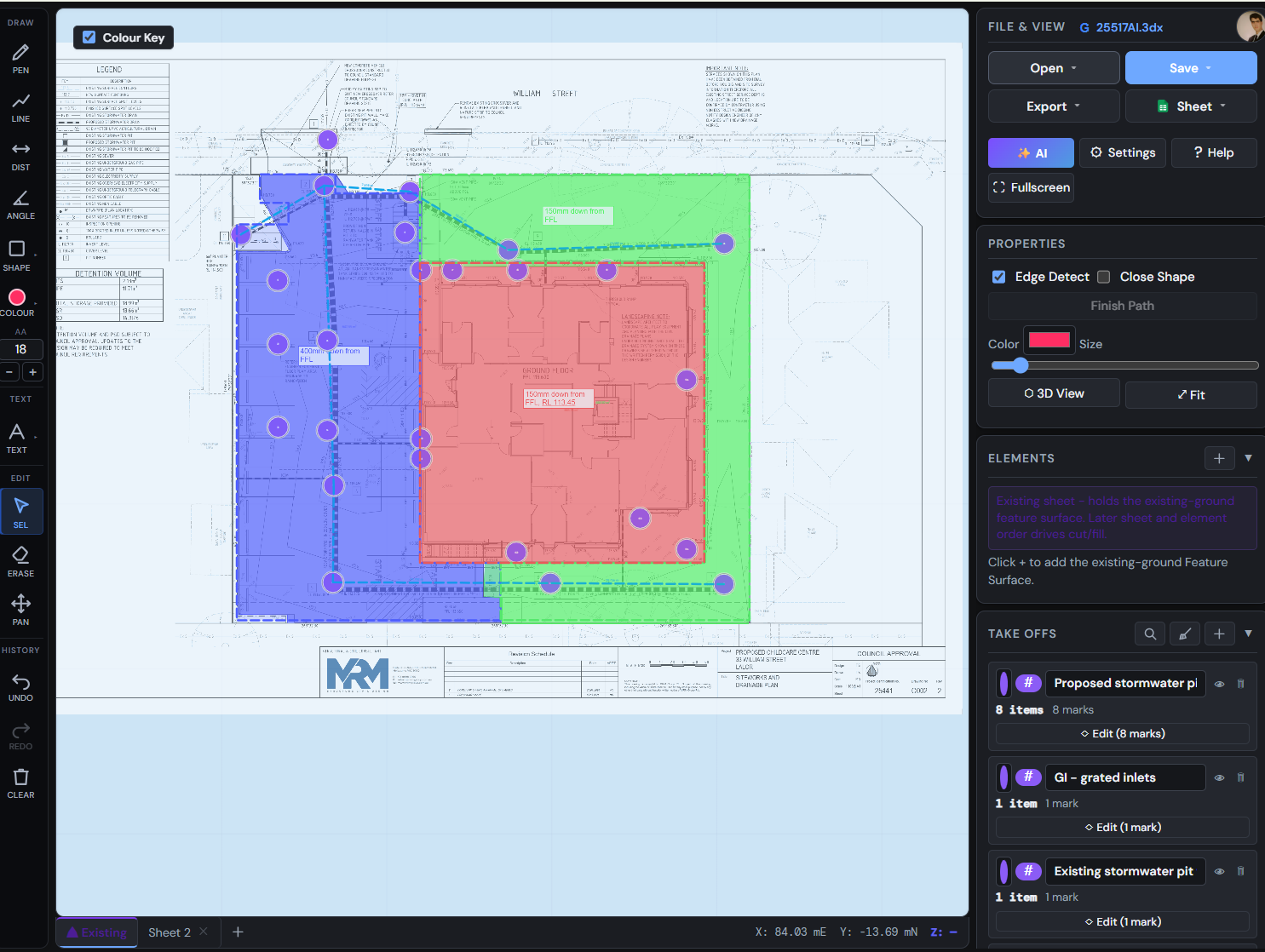 SitesAI Estimate — stormwater detention takeoff on a plan
