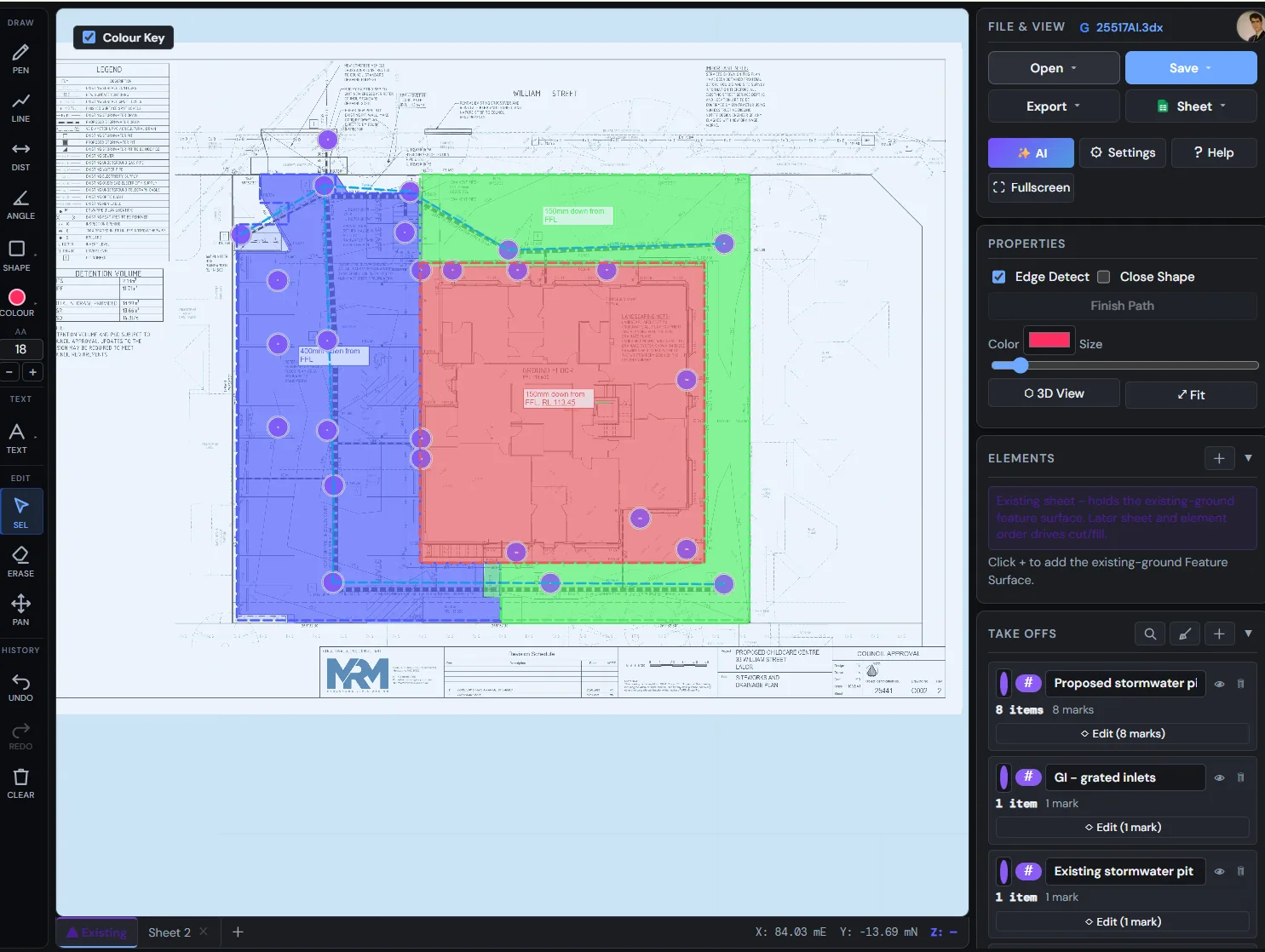 SitesAI Estimate — stormwater detention takeoff on a plan