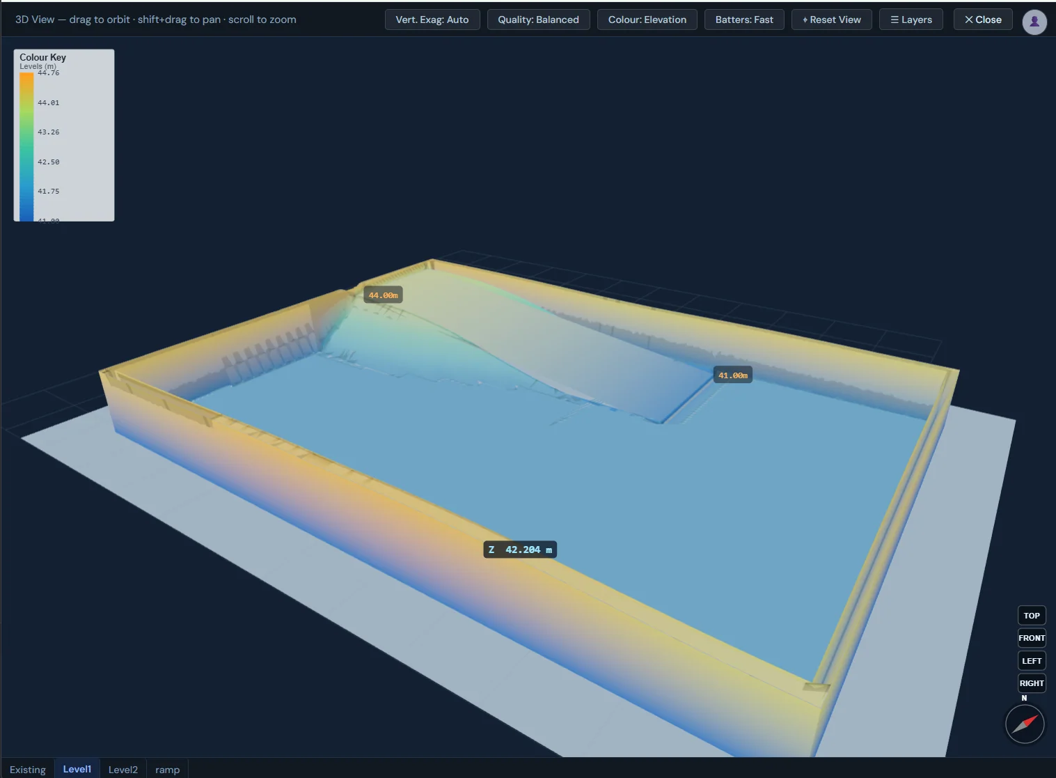 SitesAI Estimate: real 3D terrain view with pad levels and elevation colours